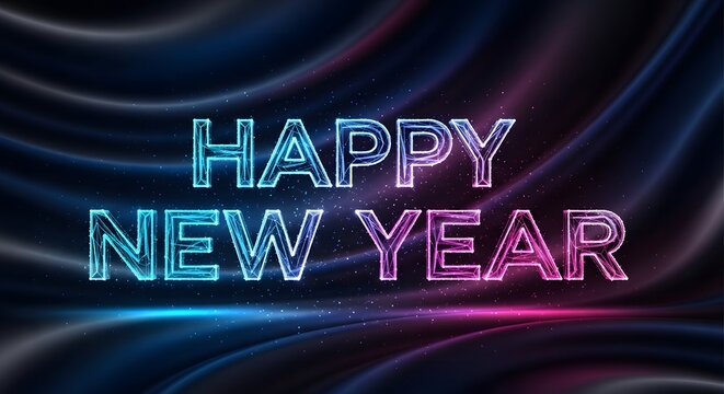 A vibrant happy new year greeting with neon text on a dark, flowing background - Powered by Adobe