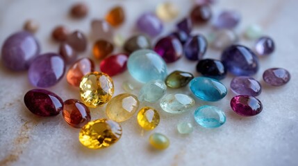 Colorful assortment of natural gemstones on a marble surface showcasing a variety of shapes and vibrant hues
