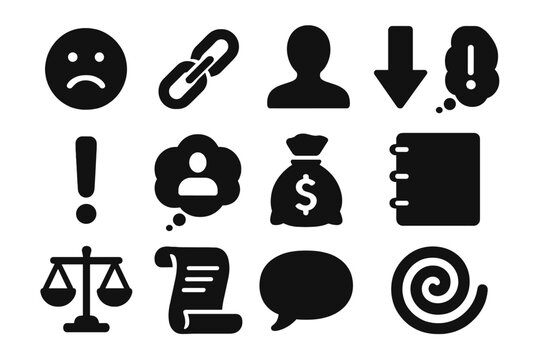 Icons of Struggle. Solid style icons of social stigma and financial hardship: sad face, broken chain, human silhouette, arrow,