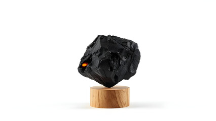 Close-up charcoal piece on wooden pedestal, detailed black texture on clean white background, soft lighting, high contrast, professional commercial style for product, craft, and material visuals.