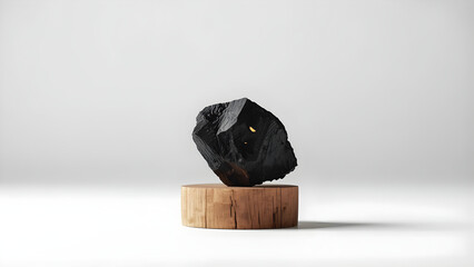 Close-up charcoal piece on wooden pedestal, detailed black texture on clean white background, soft lighting, high contrast, professional commercial style for product, craft, and material visuals.
