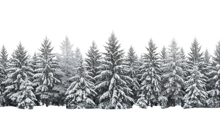 Panoramic sculptural line of snow-covered evergreen trees (scots pine, white spruce), textured with hoarfrost, against a high-key transparent studio background. Elegant winter holiday border