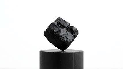 Close-up charcoal piece on wooden pedestal, detailed black texture on clean white background, soft lighting, high contrast, professional commercial style for product, craft, and material visuals.