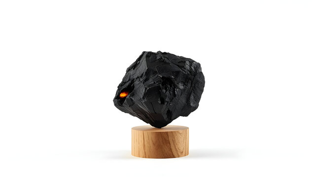 Close-up charcoal piece on wooden pedestal, detailed black texture on clean white background, soft lighting, high contrast, professional commercial style for product, craft, and material visuals.
