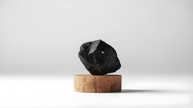 Close-up charcoal piece on wooden pedestal, detailed black texture on clean white background, soft lighting, high contrast, professional commercial style for product, craft, and material visuals.