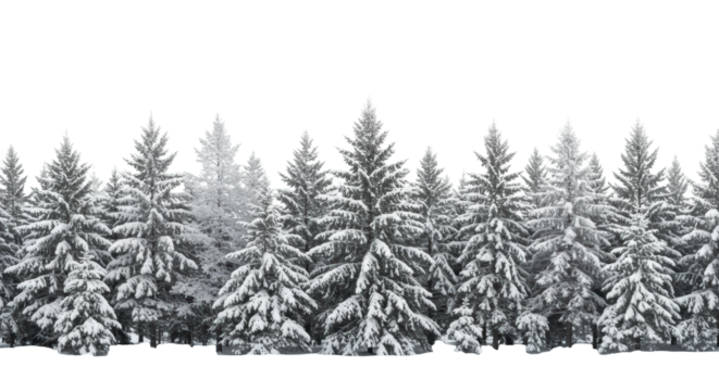 Panoramic sculptural line of snow-covered evergreen trees (scots pine, white spruce), textured with hoarfrost, against a high-key transparent studio background. Elegant winter holiday border