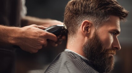 Close-Up of Barber Cutting Hair with Clipper on Male Client in Modern Barbershop Setting