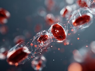 Digital representation of red blood cells connected by data-like structures, symbolizing biomedical networks and advanced diagnostics. Conceptual realism, cinematic tones