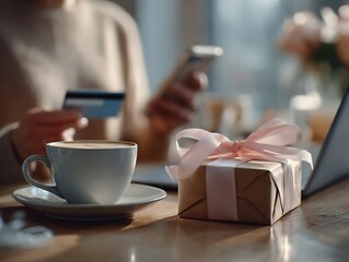 Person using a smartphone and card while a wrapped gift and coffee cup sit nearby, symbolizing modern online shopping and personal gifting. Warm light, minimal aesthetic