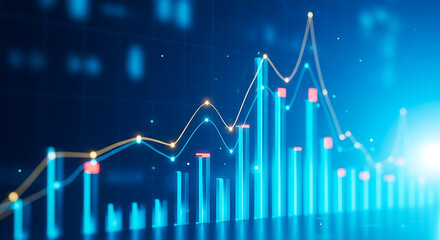 Abstract glowing blue digital bar chart and line graph showing upward trend for financial data analysis and business growth concept