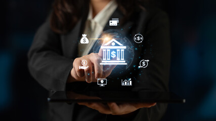 Concept of digital banking and global financial services. A network of secure online transactions, currency exchange, and money management for the international economy. Fermion