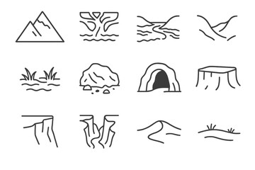 Fototapeta premium Geographic Feature Icons. Line style icons of geographic features: mountain peak, river delta, coastline, valley; swamp, glacier,