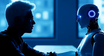 Silhouette of a young man facing and shaking hand with a futuristic female android robot in a bluelit setting