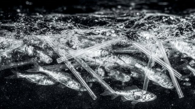 Dramatic environmental impact of plastic straws on marine life ocean depths high fidelity imagery underwater viewpoint pollution awareness