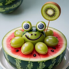 Whimsical fruit frog made from watermelon kiwi and grapes fruit art food art