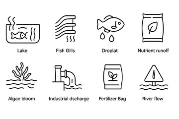 Environmental Monitoring Icons. Line style icons of Environmental Monitoring: Dead Zone, Fish Gill, Hypoxia, Nutrient Runoff;