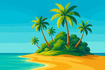 Obraz premium Tropical Island Escape. Scenic tropical island with vibrant palm trees and golden sand vector illustration under a clear blue sky,