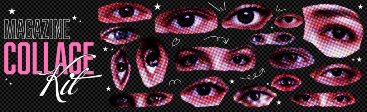 Naklejki Woman Eye collage paper bundle with tear and doodle love and arrows. Girly Stickers with eye and grunge retro effect. Collage background with paper and 90s cutouts