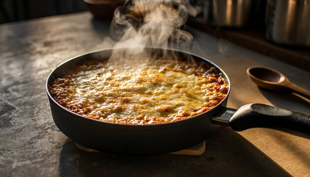 キッチンに出されたぐつぐつ煮たった美味しそうなグラタン