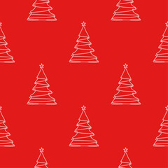 Hand Drawn Christmas Tree Outline Seamless Pattern. Sketchy White Line Texture on Classic Red Background for Festive Wallpaper and Fabric.