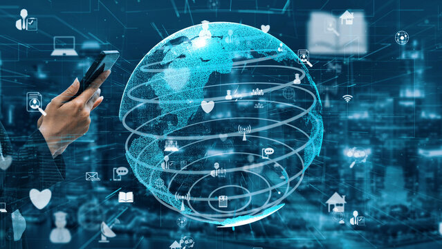A captivating visual of a person using a smartphone against a digitally rendered globe, illustrating global connectivity with various technology symbols and data streams. Xenic