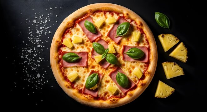 Delicious hawaiian pizza with ham pineapple and basil on dark background - Powered by Adobe