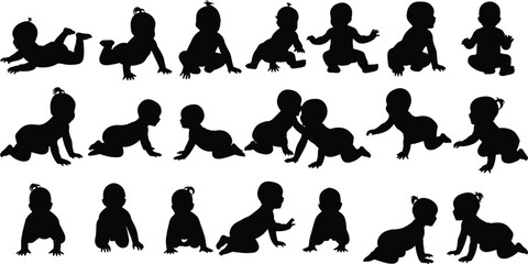Collection of Baby and Infant Silhouettes in Different Crawling and Sitting Poses, Illustrating Child Development, Growth, and Movement Vector.