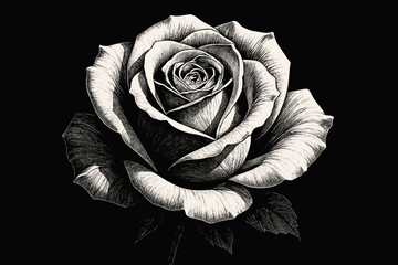 Timeless Rose Elegance. Black-and-white close-up of a blooming rose under dramatic lighting, intricate petal details, timeless and
