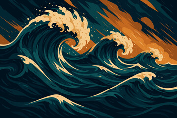 Turbulent Ocean Waves. Abstract depiction of turbulent ocean waves with sharp textures and dramatic lighting, bold and vector