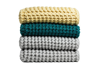 a medium close-up of a luxurious triple stack of oversized merino wool chunky knit blankets (pastel yellow, teal, grey), sharply focused, isolated on a transparent background with copy space, concept