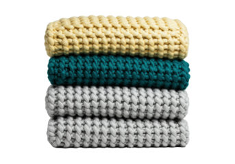 a medium close-up of a luxurious triple stack of oversized merino wool chunky knit blankets (pastel yellow, teal, grey), sharply focused, isolated on a transparent background with copy space, concept