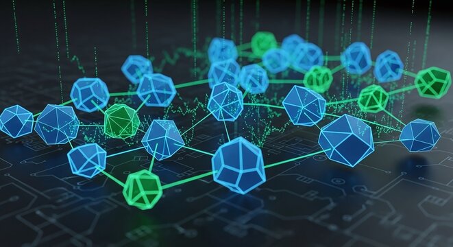 Modern tech design showing interconnected nodes with line graph, perfect for illustrating complex data networks and innovative digital solutions in vivid color