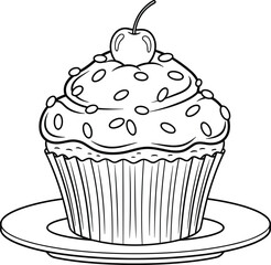 Cupcake with cherry on plate vector, sweet dessert outline, birthday coloring page, black and white line art