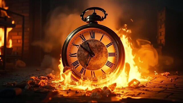 A clock on fire in the middle of a city at night