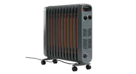 medium close-up of a modern portable electric oil-filled radiator heater with matte grey ribbed fins and black wheels against a white background. Concept of modern efficiency and comfort