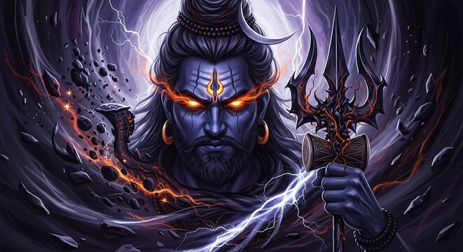 Powerful Shiva illustration with glowing eyes and divine energy, a dramatic depiction perfect for spiritual art and mythological storytelling projects