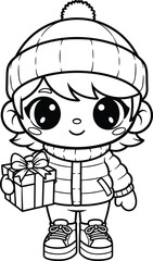Cute boy in winter clothes holding Christmas gift vector, holiday coloring page, black and white line art