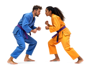 Male and Female Martial Artists in Blue and Yellow Gis Preparing to Fight