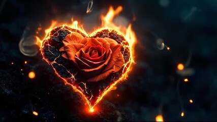 A heart shaped rose in the middle of a fire