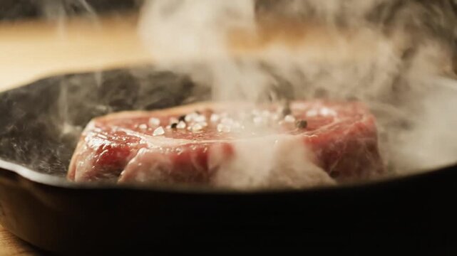 Close-up of falling tasty beef steak in kitchen, super slow motion, camera movement, filmed on high speed cinematic camera the concept of foof by ai
