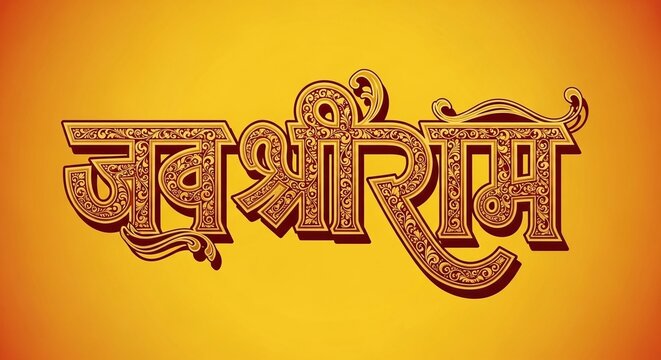 Ornate Jai Shri Ram Text on Vibrant Yellow Background for Festive Celebrations, Perfect for Religious Events and Cultural Designs with Indian Flair