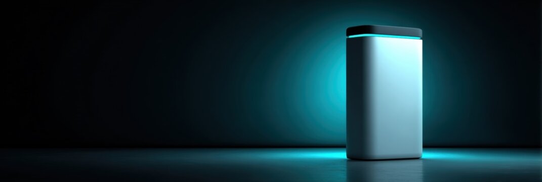 Futuristic Device Stands Alone in Dimly Lit Space With a Cool Glow Around Its Base at Nighttime