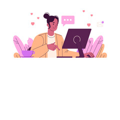 Young woman working on a computer with pink accents and heart motifs in a cheerful and lighthearted digital illustration style perfect for online communication and education themes