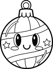 Cute Christmas bauble with face vector, happy holiday ornament, winter coloring page, black and white line art