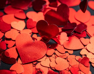 Close-up of scattered red heart-shaped confetti, some floating