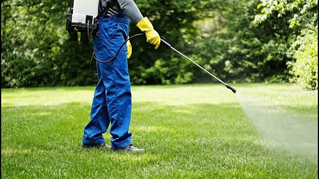 Person wearing blue overalls and yellow gloves sprays a lawn with a backpack sprayer for pest control or fertilization