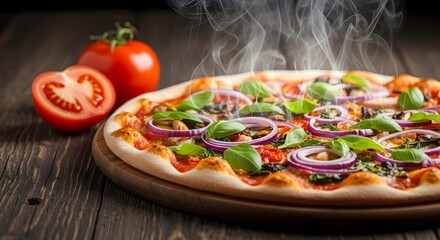 Hot vegetarian pizza with red onion and basil on rustic wooden table