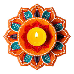 Glowing Candle in Mandala: A vibrant, handcrafted mandala design serves as the elegant stage for a softly glowing candle, creating an atmosphere of warmth and spiritual serenity.
