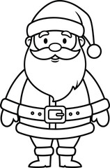 Cute Santa Claus standing vector, holiday coloring page, black and white line art, Christmas cartoon character sketch