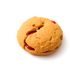 A freshly baked brown strawberry biscuit with a slightly placed on a clean and simple white background